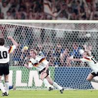 Brehme celebrates scoring against Argentina in the 1990 World Cup final